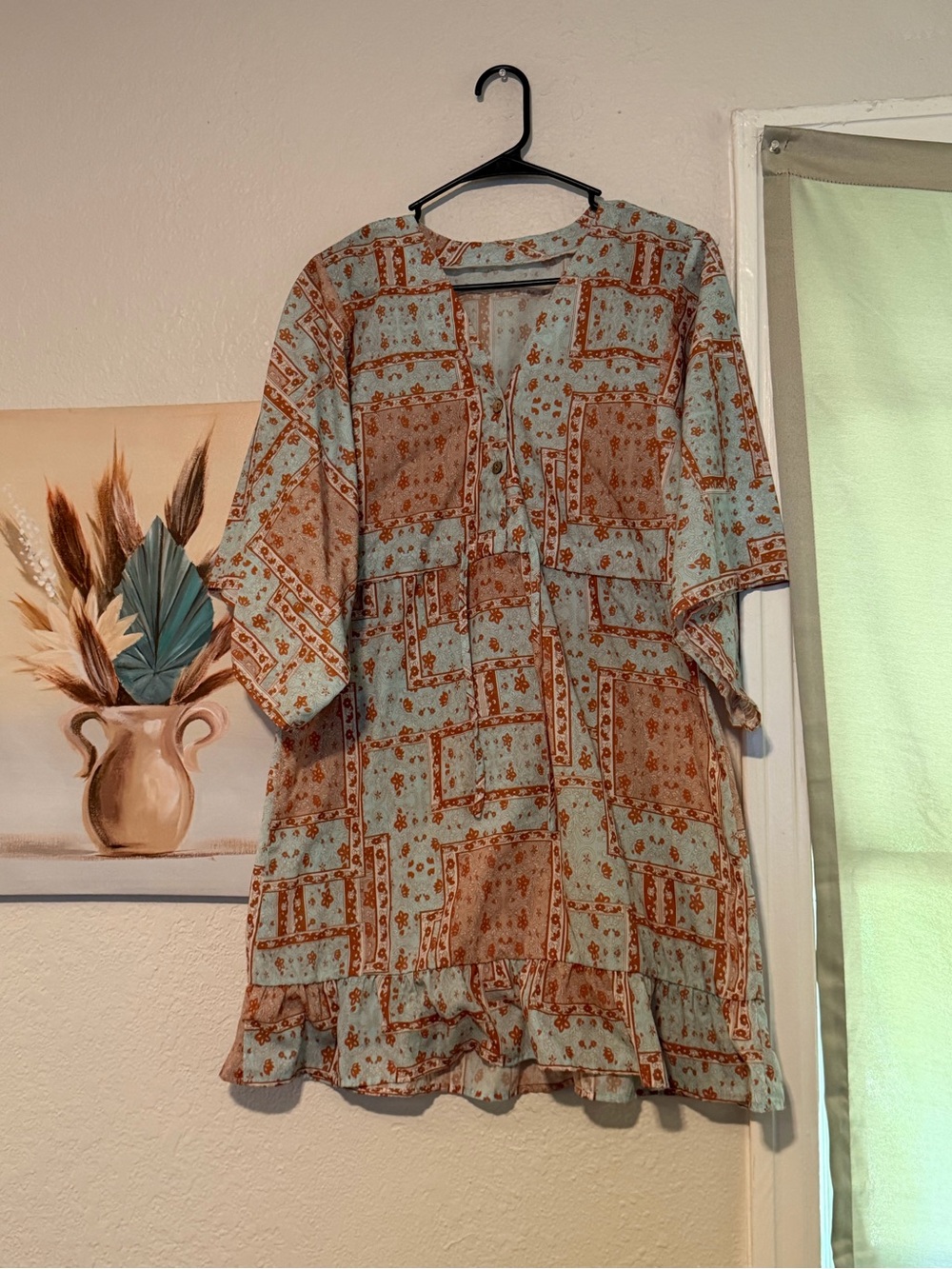 Light Blue and Rust Patchwork Print Women's Dress
